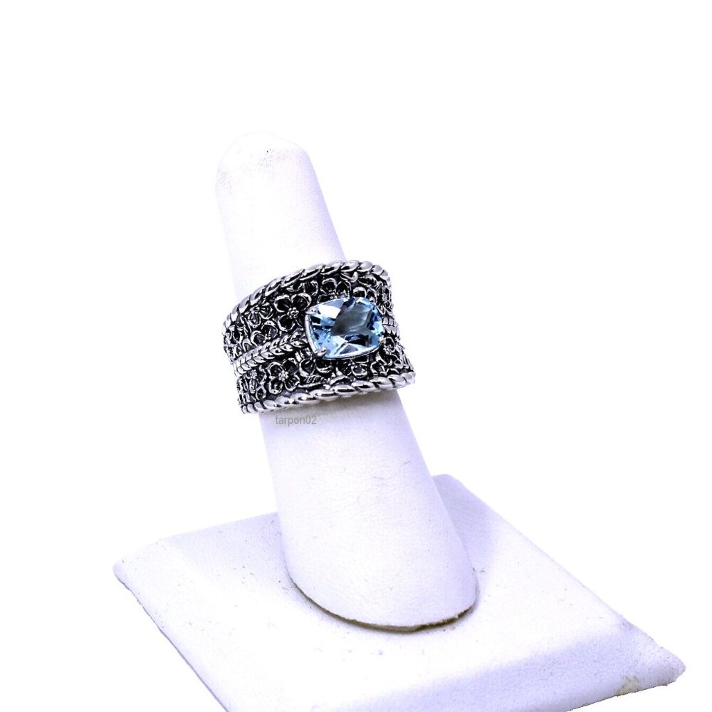 John Hardy JAI Blue Topaz+Floral Textured Saddle Band Sterling Silver Ring-7 NIB - Picture 8 of 15